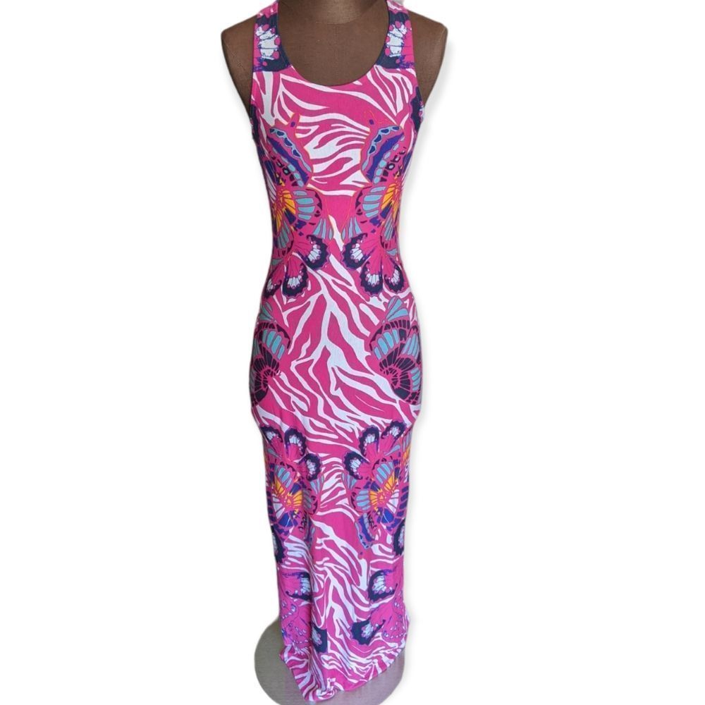 Venus Pink Zebra And Butterfly Maxi Dress Size XS Made in Ukraine